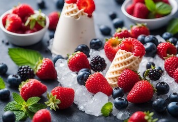 Fresh berries in ice cream cone Strawberry raspberry blueberry for dessert Concept for healthy eating