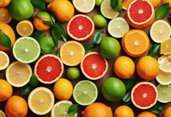 Fresh citrus fruits background Orange grapefruit lemon lime tangerine Mix citrus fruits and pieces 