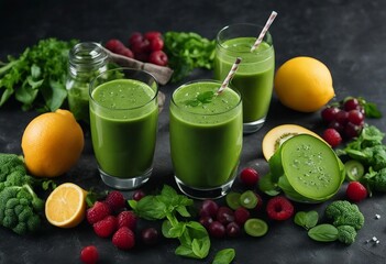 Green smoothie with ingredients on dark concrete table Healthy smoothie cocktail with fruits vegetables Nutrition and health benefits of green leafy vegetables
