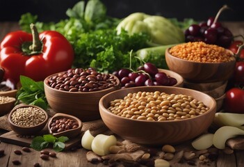 Healthy food background Fresh vegetables fruits beans and lentils on wooden table Vegetarian food