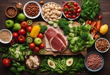 Healthy food background Fresh vegetables fruits beans meat nuts and fish on table Healthy food...