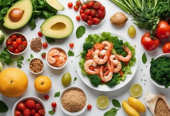 Healthy food background Healthy food fish shrimps vegetables and fruits on white background Top...