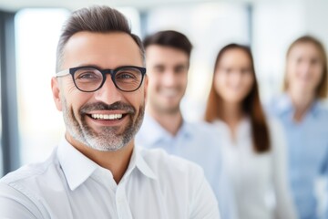 Obraz premium handsome smiling worker in white shirt and eyeglasses with out of focus employees behind