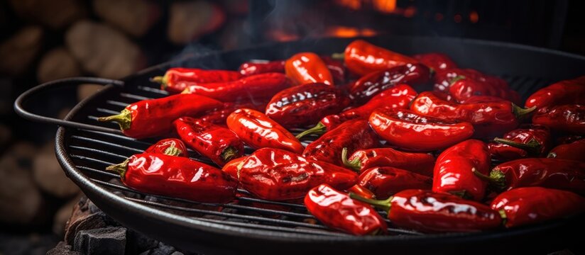 Roasting red peppers for smoky flavor and easy peeling. Thermal processing of peppers on a metal surface. Brazier container for burning charcoal fuel for cooking, heating, or rituals.