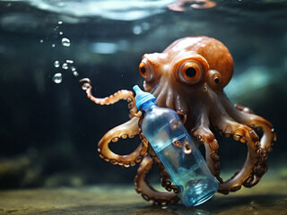 An octopus holding a plastic bottle..