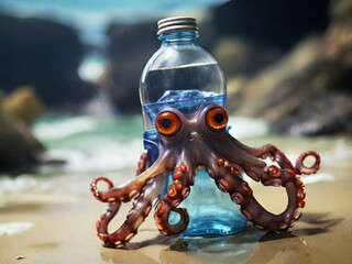 An octopus holding a plastic bottle..