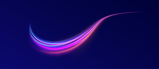 Big data traffic visualization, dynamic high speed data streaming traffic. Neon color glowing lines background, high-speed light trails effect. Purple glowing wave swirl, impulse cable lines.	
