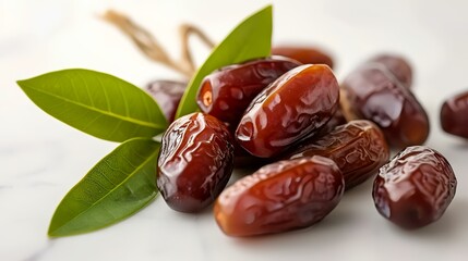 Dates fruit with leaves isolated on white background. Clipping Path