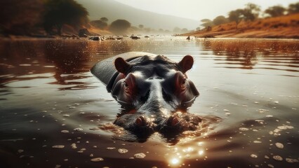Hippo at dawn: A serene morning in the African wilderness - obrazy, fototapety, plakaty