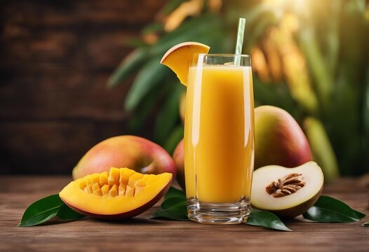 Mango juice Summer drink with fruits mango and banana cocktail on wooden background Nutrition and health benefits of yellow vegetables and fruit