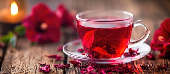 Red Tea, made from hibiscus and lemongrass, is a caffeine-free herbal tea that aids in weight loss due to its distinctive color. - obrazy, fototapety, plakaty
