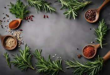 Fototapeta na wymiar Rosemary on the concrete table with Herbs and spices Cooking ingredients for different recipes with spoons