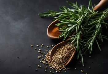 Rosemary with beans on dark background Herbs and spices Top view and copy space for your recipe