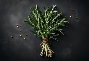 Tied up Rosemary on dark concrete table Recipe background