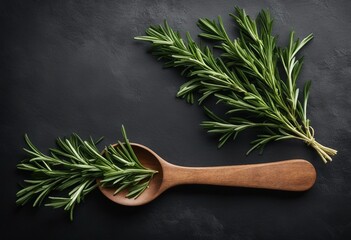Rosemary on dark concrete table top view Herbs and spices background with wooden spoon Copy space for your recipe