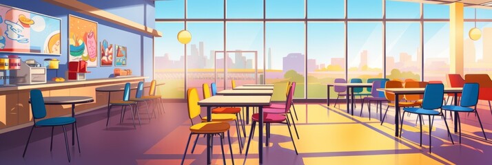 Illustration of school canteen in sunlight, empty school canteen, banner