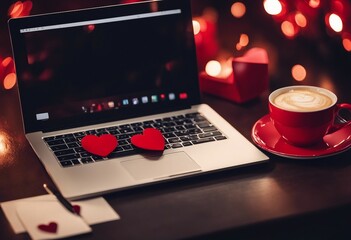 Valentines background with two red hearts coffee cup and laptop Valentines Day greeting card Long distance relationship - obrazy, fototapety, plakaty