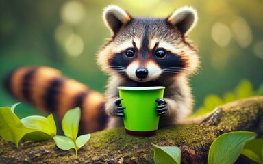 Illustration of a raccoon holding a recyclable cup