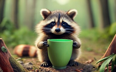 Illustration of a raccoon holding a recyclable cup - obrazy, fototapety, plakaty