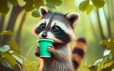 Illustration of a raccoon holding a recyclable cup - obrazy, fototapety, plakaty