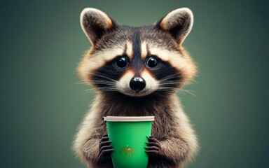 Fototapeta na wymiar Illustration of a raccoon holding a recyclable cup