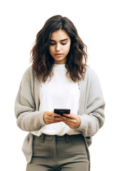  businesswoman writes comments on the phone on isolated transparent background