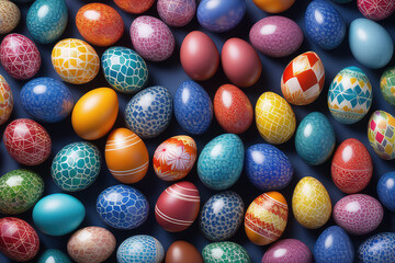 Fototapeta premium Easter eggs festive decorated as a background with copy space. Generative AI