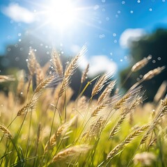 Beautiful summer background . A field with wheat spikes in the rays of sunlight in summer, beautiful bokeh, natural tones, Golden Morning.