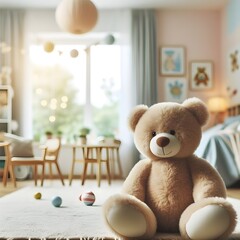 Soft Elegance: Plush Teddy Bear in a Centered Composition, Blurred Background, Capturing Tender Focus. Perfect for Cozy Concepts.