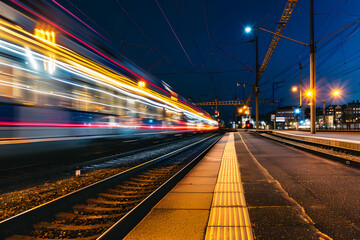 Lichtspuren der Mobilität: Ein langzeitbelichteter Blick auf einen Bahnhof, mit faszinierenden Lichtstreifen von vorbeifahrenden Zügen, eine dynamische Nachtansicht der modernen urbanen Mobilität