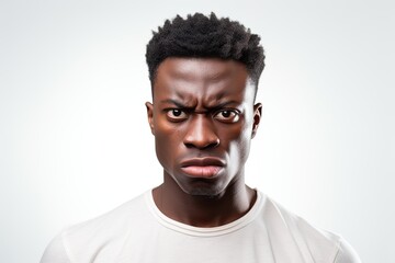 Portrait of african american angry man on white background
