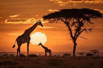 Fototapeta na wymiar Giraffe mother and baby in the savana at sunset. Amazing African wildlife.
