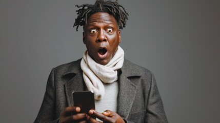amazed shocked African American man holding smartphone in his hand, looking at the phone