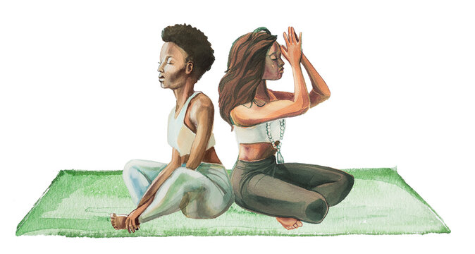 Young women practice yoga asans  illustration. Watercolor girl exercising design. Meditation concept artwork. Relax and yoga branding drawing.