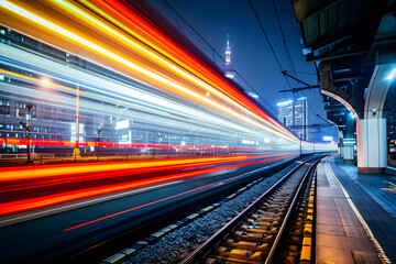 Fototapeta na wymiar Lichtspuren der Mobilität: Ein langzeitbelichteter Blick auf einen Bahnhof, mit faszinierenden Lichtstreifen von vorbeifahrenden Zügen, eine dynamische Nachtansicht der modernen urbanen Mobilität