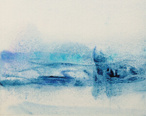 Ink watercolor hand drawn smoke flow stain blot landscape on wet grain paper texture background. Beige, blue colors.
