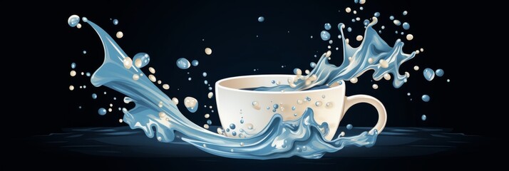 Splash of milk in a cup on black background, banner illustration