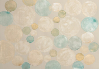 Gold, silver, nacre glitter ink watercolor circle stain blot on beige grain paper texture...