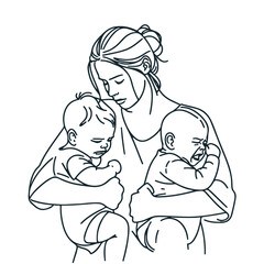 Fototapeta na wymiar Mother with two crying children. Sketch. Motherhood
