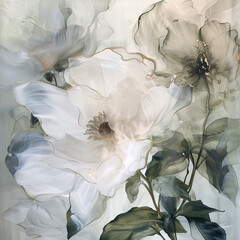 close up white flower painting classic style, grey and blue theme 