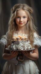 Girl holding a delicious sweet cake on a plate in front of her, homemade cake