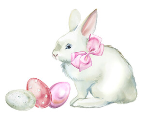 Easter  white bunny and eggs painting. Watercolor Easter concept illtration. Season holiday design for a card,banner,print.