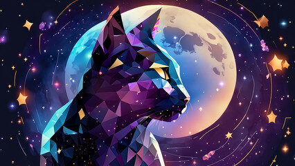 Portrait illustration with a cosmic beauty color cat with stars and moon in the background. Wallpaper 4K