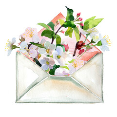 Beautiful watercolor hand painted envelope with apple blossom flowers illustration. Retro letter with spring  blooming flower bouquet illustration for card, invitation,branding,banner etc.