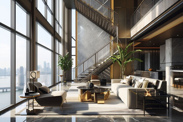 minimalist high-rise living area with floor-to-ceiling windows offering a panoramic city view and a staircase leading to an upper level.