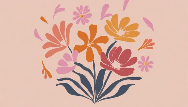 Illustration d&rsquo;un bouquet de fleurs abstrait - Style Boho dans des tons doux et pastels - Dessin bucolique et doux pour une c&eacute;l&eacute;bration o&ugrave; la m&eacute;ditation - D&eacute;coration douce - Orange, jaune, rose