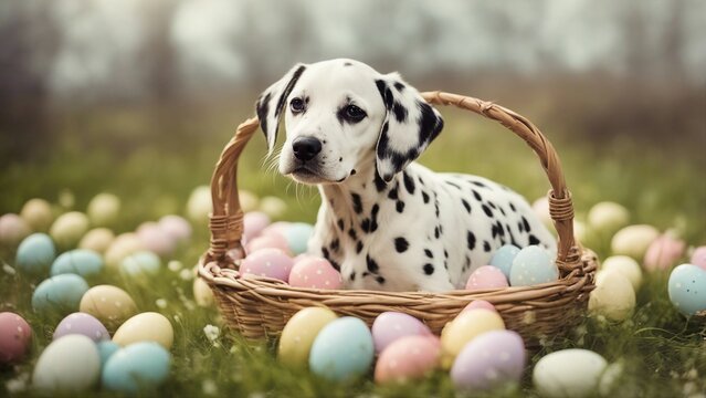 Dalmatian with eggs A charming Dalmatian puppy surrounded by a basket of freshly painted Easter eggs, with soft pastel  