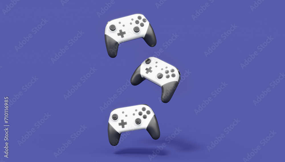 Poster Realistic white video game joysticks or gamepads on violet background