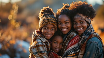 A portrait of African-American siblings taken in the golden hour with autumnal colors expressing joy and togetherness 