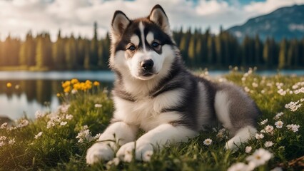 siberian husky puppy An endearing scene of a Malamute puppy and adult resting together in a field of blooming alpine flow  - obrazy, fototapety, plakaty